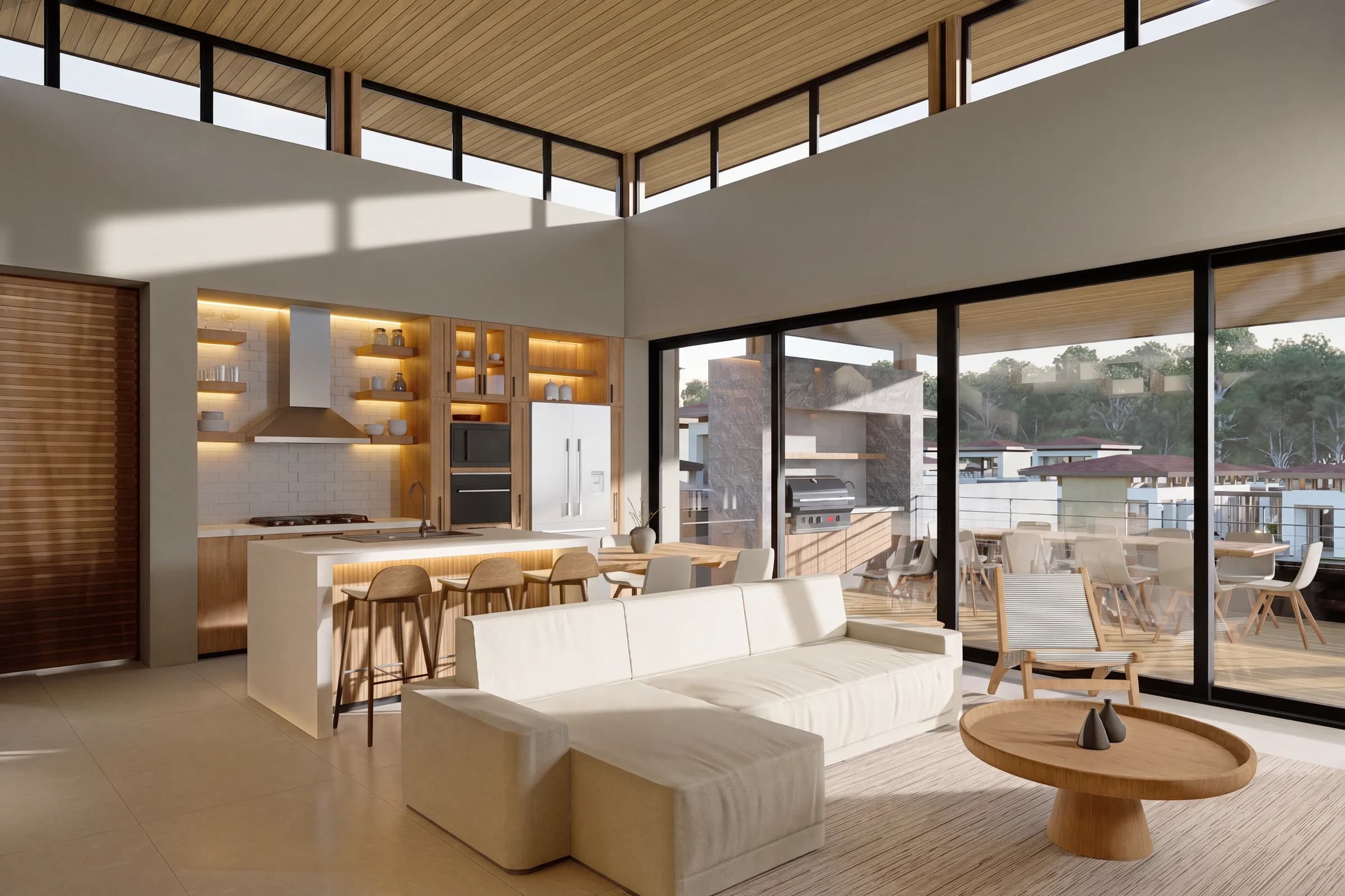Visualización arquitectónica de la sala y la terraza de un apartamento en Sueños del Mar, que ilustra la reflexión del artículo sobre los posibles usos de una vivienda.